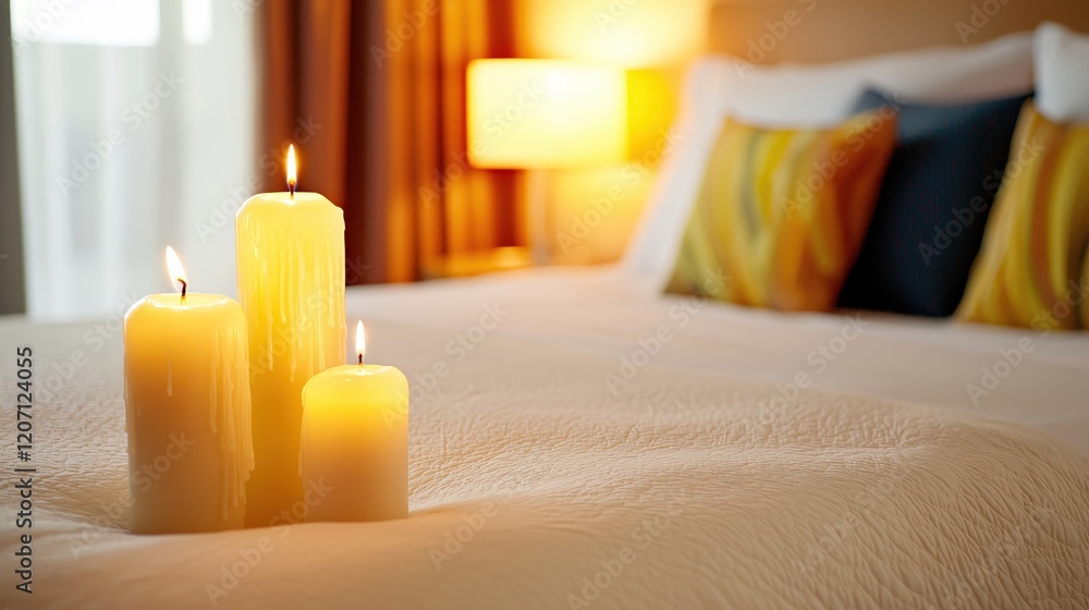 Aufkleber three lit yellow candles on a bed with pillows and a lamp creating a warm and cozy atmosphere
