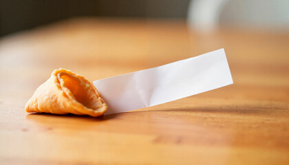 Opened fortune cookie revealing message on wooden table, fortune telling