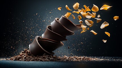 Chocolate swirl explosion, caramel pieces, dark background, food photography, dessert advertising