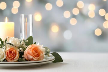 Obraz premium Elegant floral centerpiece with soft light and bokeh background for romantic occasion