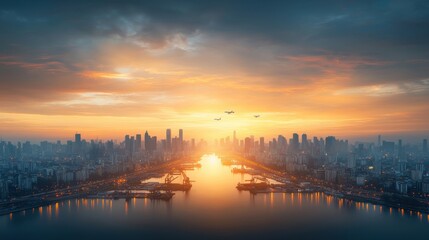 Obraz premium Dynamic aerial view of vast docks with cranes at work urban riverfront industrial scene sunset environment high-altitude perspective modern infrastructure concept