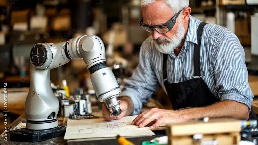 Poster craftsman collaborating with a robotic arm in a workshop. the evolution of craftsmanship with roboti
