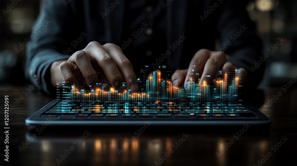 Poster person typing on tablet with data visualization.