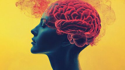 A surreal and artistic interpretation of a human brain with vibrant red and yellow hues symbolizing creativity intelligence and thought processes

