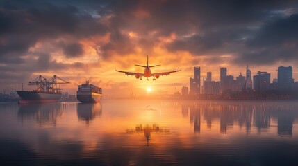 Naklejka premium Airplane landing at sunrise over a modern logistics hub with ships reflecting in water urban environment aerial view industrial concept