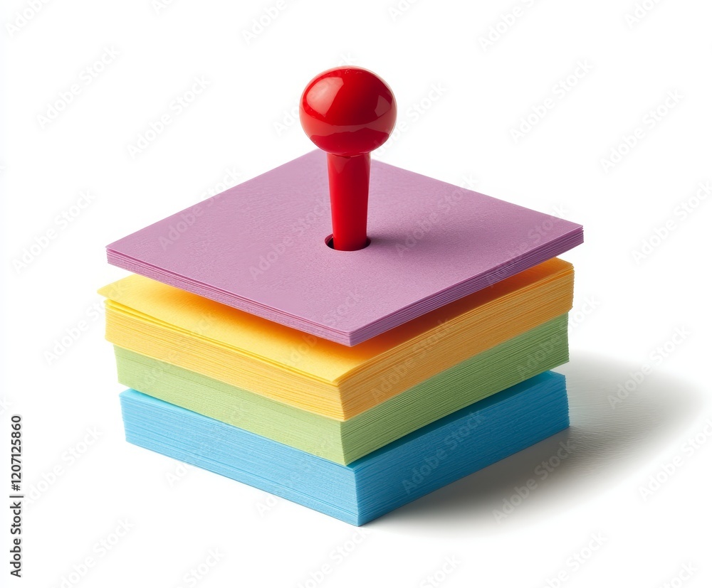 Poster red pushpin in hole atop colorful sticky note stack.