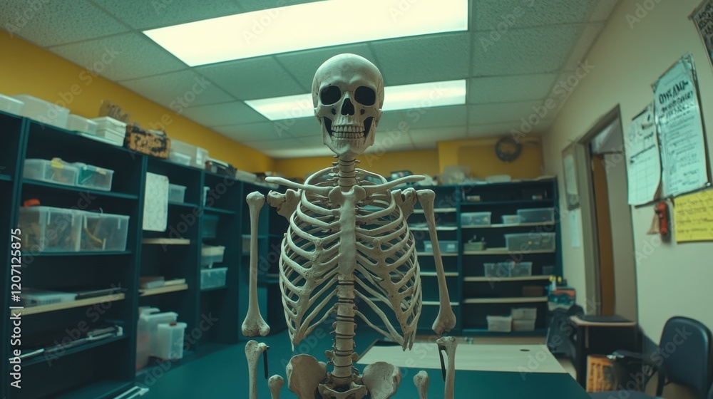 Poster a science classroom with lab equipment on shelves and a skeleton model standing in the corner.