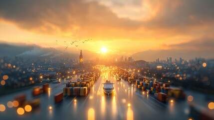Sunrise over a mega logistics hub ships navigating containers in the port vibrant morning atmosphere aerial view maritime industry