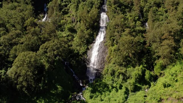 Aerial drone view of the Bridal Veil Waterfall in Salazie, Reuinon Island