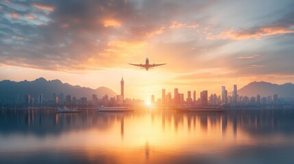 Naklejka premium Majestic airborne arrival airplane approaching urban skyline at sunrise aerial photography tranquil waterscape dynamic atmosphere