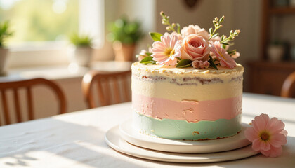 Naklejka premium Pastel Mother's Day cake adorned with flowers, warm dining ambiance