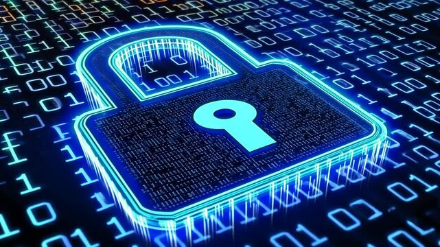 Blue lock with a key on it. The lock is surrounded by a lot of binary code