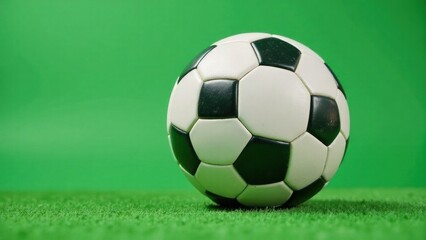 Naklejka premium Soccer ball resting on green field awaits the start of play