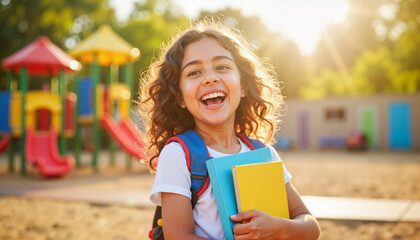 Excited young Latina girl holding books on school playground, joyful learning
