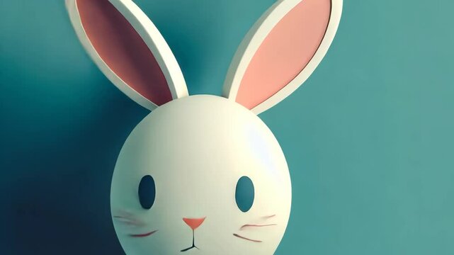 White rabbit head with pink ears is on a blue background. The rabbit has a black nose and eyes