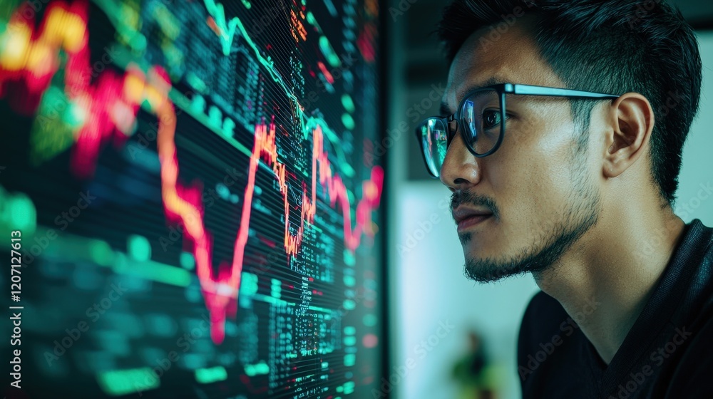 Poster young professional analyzing stock market trends on digital screen with colorful graphs and data vis