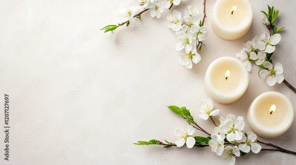 Poster white blossom branches and three lit candles on a textured surface creating a calm mood