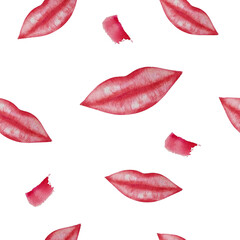 Seamless pattern with pink lips. White background. Watercolor illustration. For design, backgrounds