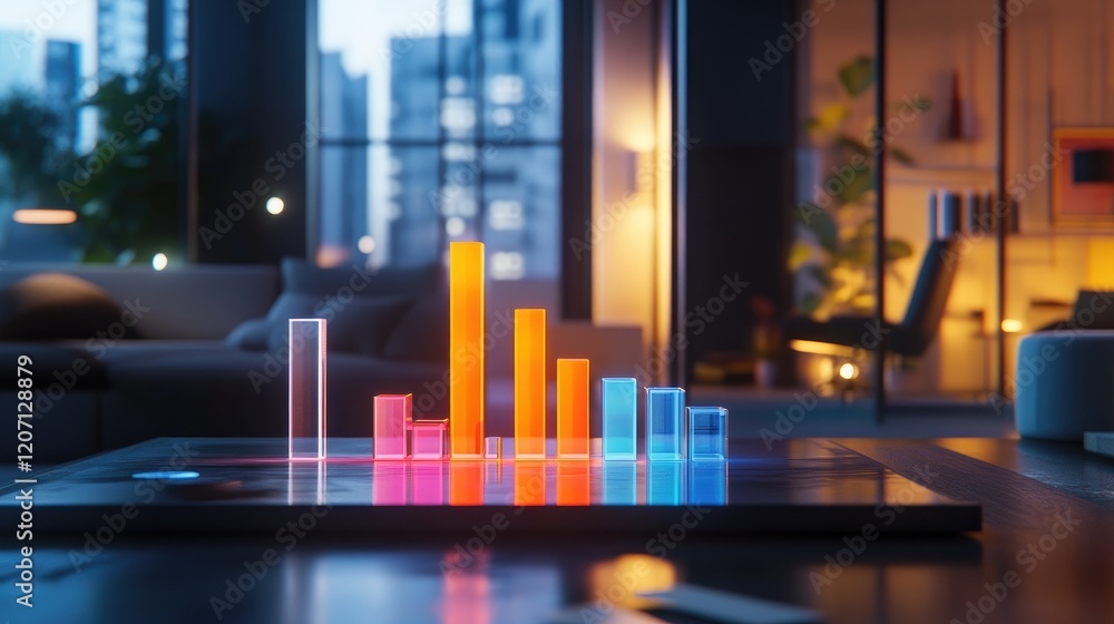Poster a futuristic d bar graph with glowing bars, visualizing financial growth and investment data in a hi