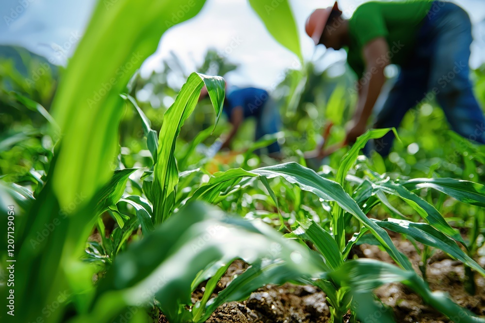 Poster farmers working in a green corn field on a sunny day with a shallow depth of field view