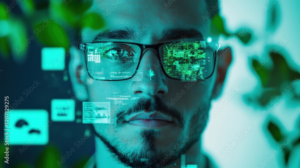 Poster young man with glasses surrounded by greenery displaying digital data and virtual reality graphics