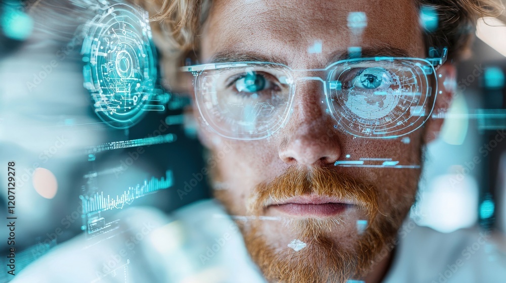 Poster young man with glasses focused on digital data analysis and futuristic technology interface in moder