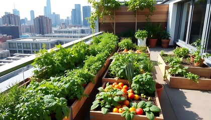 Urban Rooftop Garden Growing Vegetables and Herbs in City