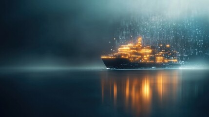 Futuristic cargo vessel navigating the midocean digital data visualization high-tech environment aerial view innovation concept