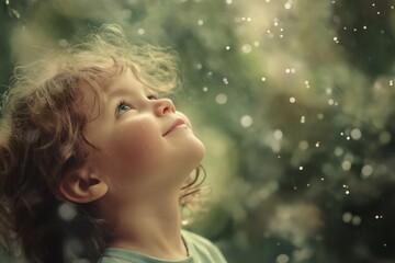 Portrait of happy toddler looking up at falling rain drops in nature, enjoying refreshing summer rain in forest