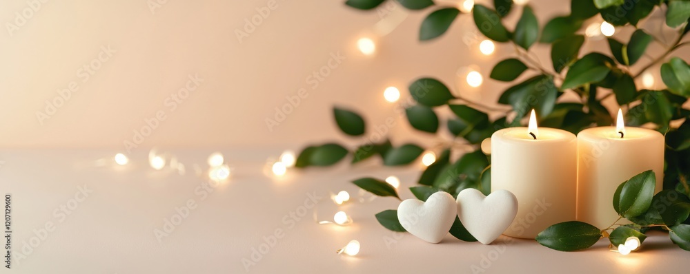 Poster romantic scene with two candles two hearts and string lights on a soft pink background