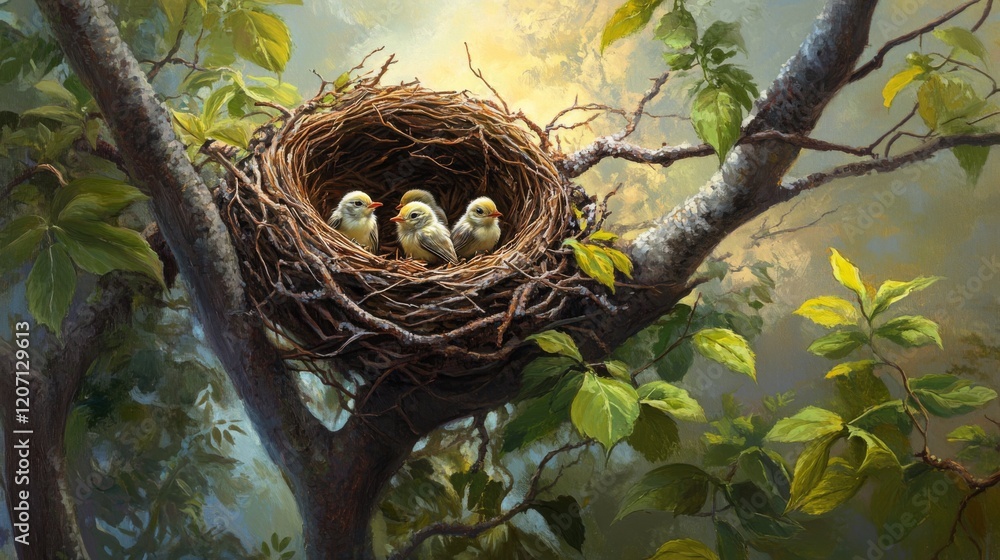 Poster an artistic view of a birds nest perched on a branch, showcasing several chirping baby birds waiting