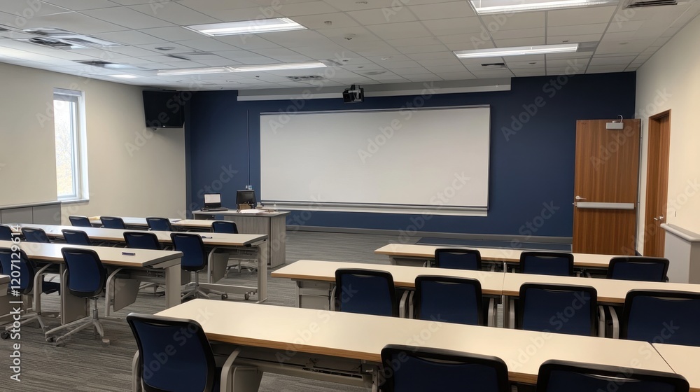 Poster lecture hall with rows of empty seats, a clean whiteboard, and a sense of anticipation for the next 