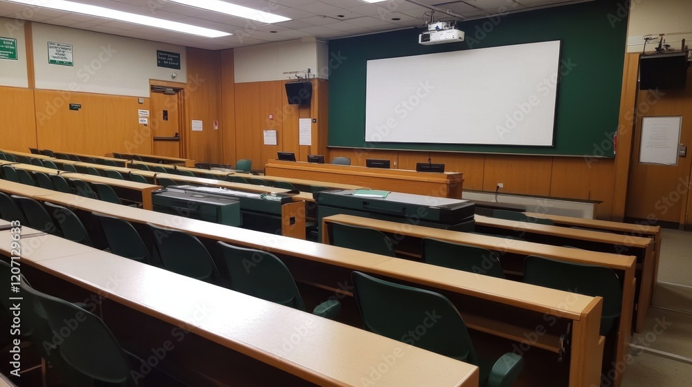 Poster lecture hall with rows of empty seats, a clean whiteboard, and a sense of anticipation for the next 