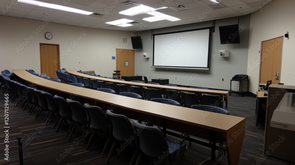 Poster lecture hall with rows of empty seats, a clean whiteboard, and a sense of anticipation for the next 