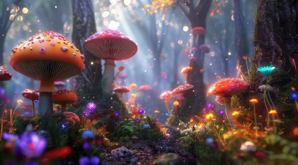 A magical forest path lined with glowing mushrooms and flowers bathed in warm sunlight.