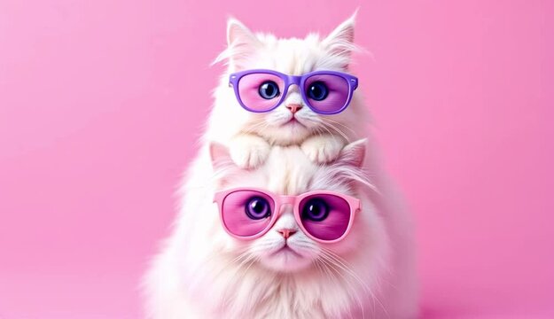 Adorable Cats Wearing Trendy Sunglasses  Pink Background Studio Shot