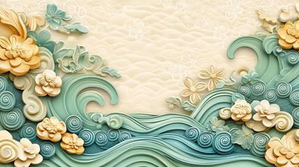 Elegant Floral Design with Wavy Teal Background