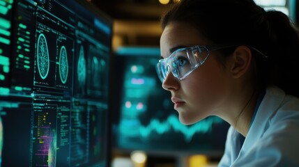 A close-up of a female scientist analyzing neurological data and cross-sectional brain images on a computer, with high-tech graphs and charts visible on the screen