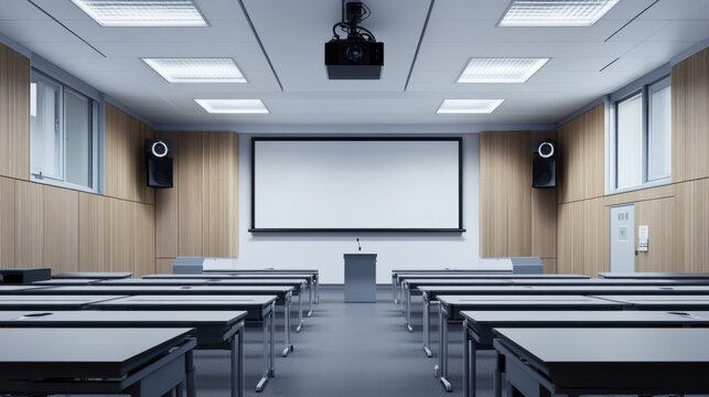 Minimalistic classroom with white walls, sleek desks, and a modern projector system installed at the front.
