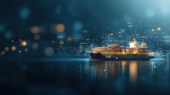 Futuristic cargo transport ship at sea maritime technology concept digital environment nighttime viewpoint innovative shipping solutions - Powered by Adobe