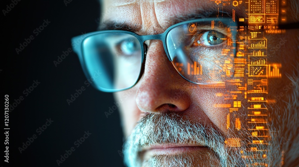 Poster thoughtful business professional analyzing data trends through virtual interface and smart technolog