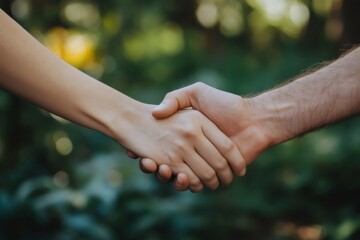 Two people holding hands, symbolizing love, connection, and support, with a blurred natural background