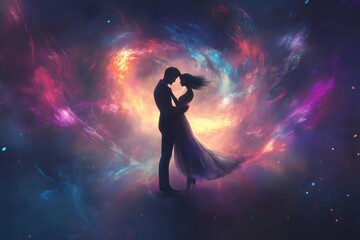 Naklejka premium Silhouettes of a man and a woman embracing, surrounded by a colorful nebula, symbolizing deep love and connection