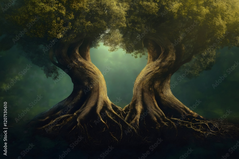 Poster roots of two large trees intertwining in a magical forest, creating a powerful symbol of connection 