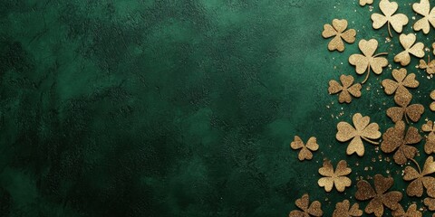 Golden shamrocks on emerald green textured background for st. patrick's day