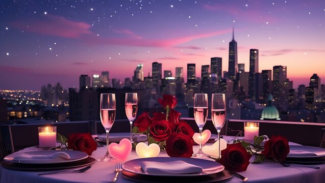 "A candlelit dinner setup on a rooftop under the stars, with a breathtaking city skyline in the background. The table is adorned with red roses, heart-shaped candles, and champagne glasses. A gentle p