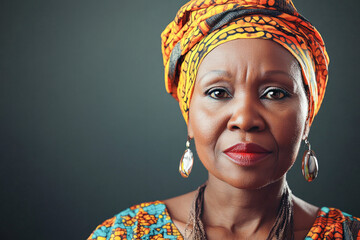 Confident mature woman in traditional african attire with vibrant colors, symbolizing cultural pride and inner strength. 