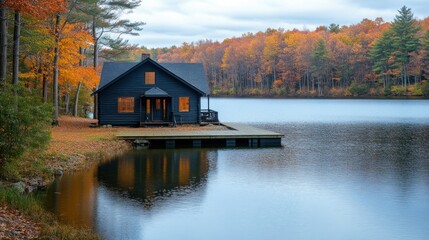 Obraz premium Autumn lakefront cabin, fall foliage, tranquil retreat