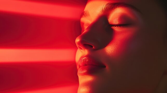 Tranquil young female in vibrant red light with closed eyes