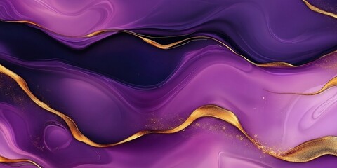 Abstract purple and gold fluid art with dynamic waves